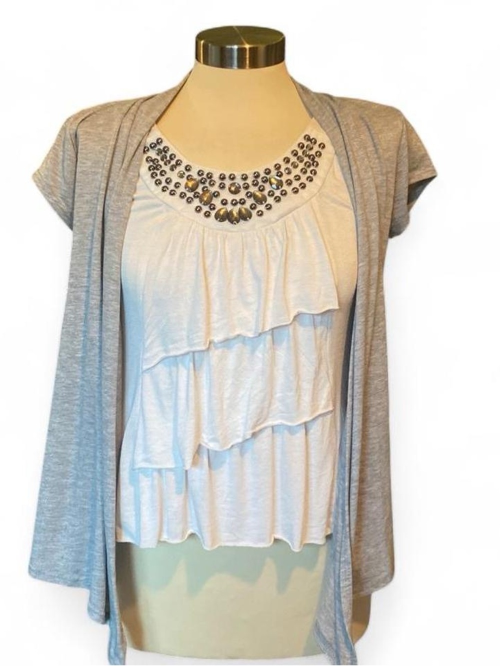 IZ Byer Gray Asymmetrical Cardigan With White, Beaded, Tiered Tank Inside